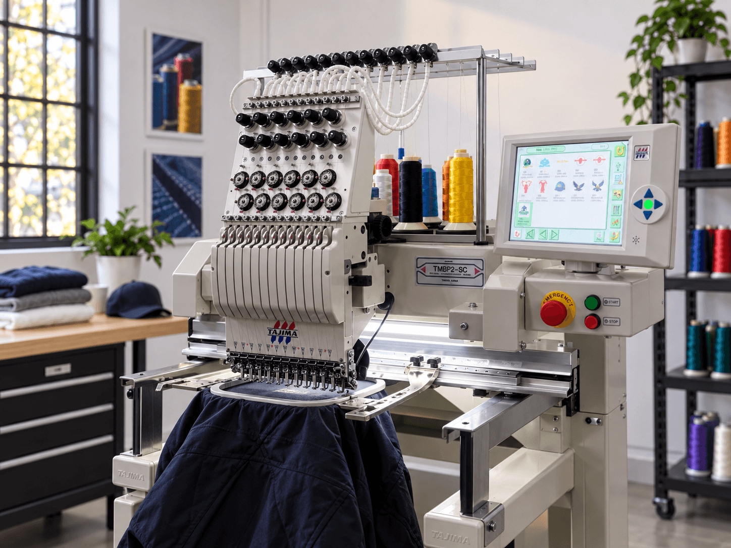 Embroidery machine stitching a navy jacket — Dramatic Clothing